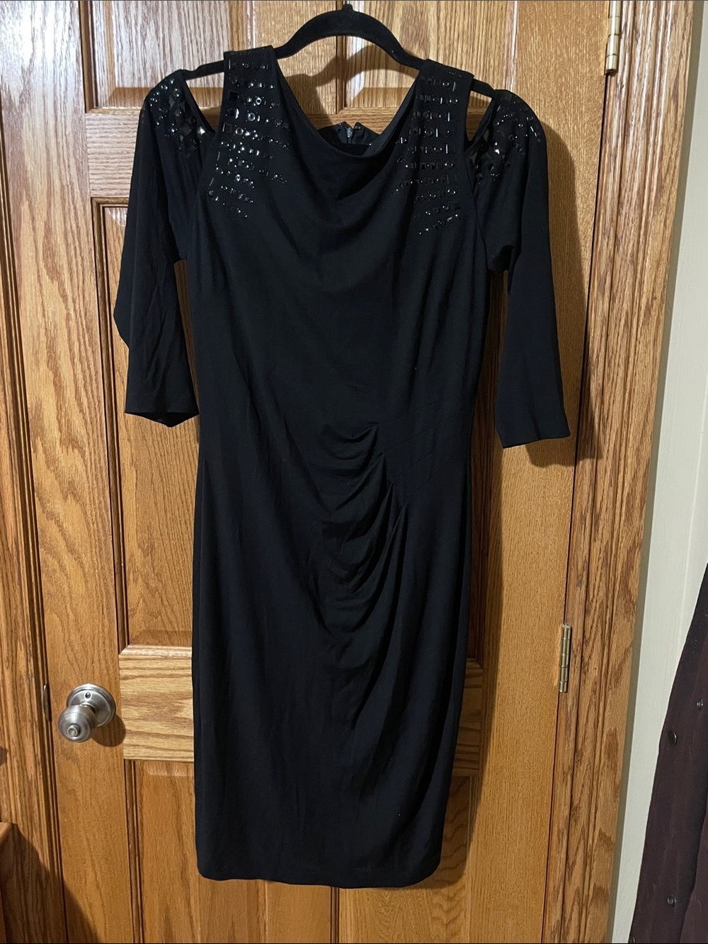 Cache Black Cold-Shoulder Embellished Sheath Dress